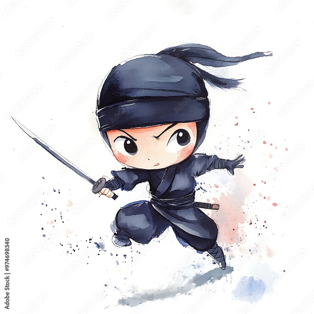 Sticker Cartoon Ninja Watercolor Illustration.