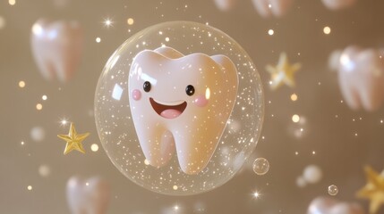 A 3D cute tooth floating on a bubble, surrounded by sparkling stars and shiny smiles