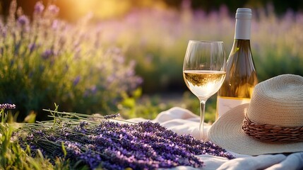 Two glasses with white wine and bottle on background of a lavender field Straw hat and basket with flowers lavender on a blanket on picnic Romantic evening in sunset rays Summer in Pro : Generative AI