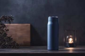 Fototapeta premium A sleek blue thermos sits on a wooden table, illuminated by a soft candlelight glow.