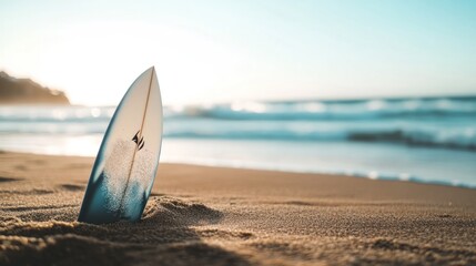 A surfboard partially buried in sandy beach with ocean waves in the background.