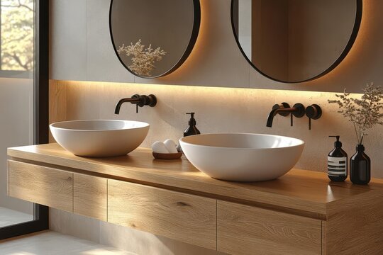 luxurious ensuite bathroom featuring sleek timber vanity with matte black fixtures dual pillshaped mirrors float above casting soft light minimalist design with earthy tones
