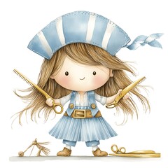 Cute Cartoon Girl Pirate in a Blue Striped Dress Holding a Comb and Scissors.