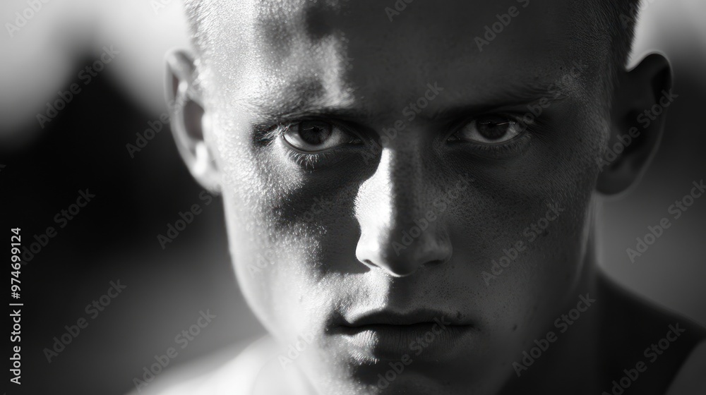 Wall mural A close-up portrait of a young man with intense expression in black and white.