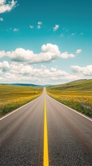 Fototapeta premium A Long, Straight Highway Cutting Through a Field of Yellow Flowers Under a Blue Sky