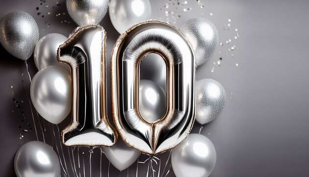 Banner with number 10 silver balloons with copy space - Powered by Adobe