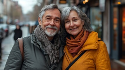 Obraz premium Portrait of happy senior couple standing in city street on a sunny day : Generative AI