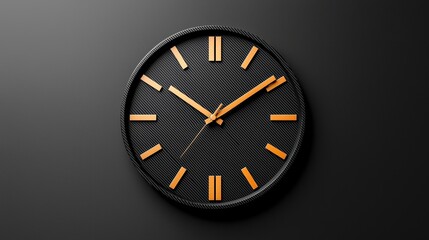 A minimalist wall clock with a dark textured face, featuring metallic hour markers and sleek hands.