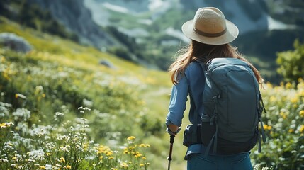 Woman wearing a hat and backpack hiking through sunny mountain terrain surrounded by greenery and flowers Captures outdoor adventure and nature exploration : Generative AI