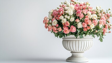Fototapeta premium Antique Roman Style White Concrete Flower Pot and Bouquets of various types of flowers isolated on white background : Generative AI