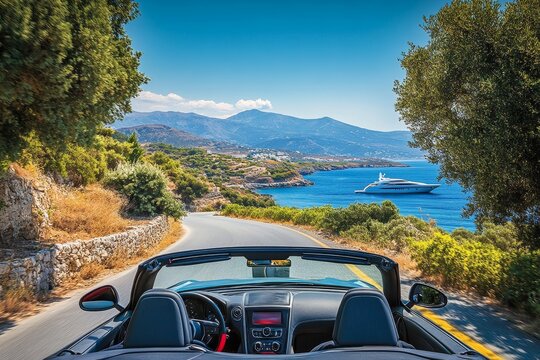 Convertible car on crete s coastal road with yacht and vibrant nature showcasing speed and freedom - Powered by Adobe