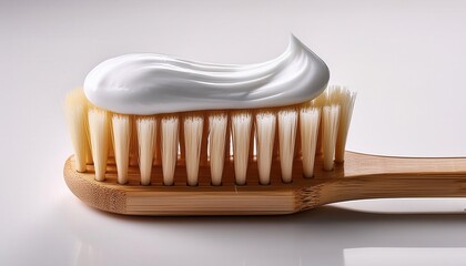 Close-up of a Bamboo Toothbrush with Soft Bristles and a Fresh Dollop of White Toothpaste, Highlighting Eco Friendly Oral Hygiene with Natural, Sustainable Materials in a Minimalistic Setting