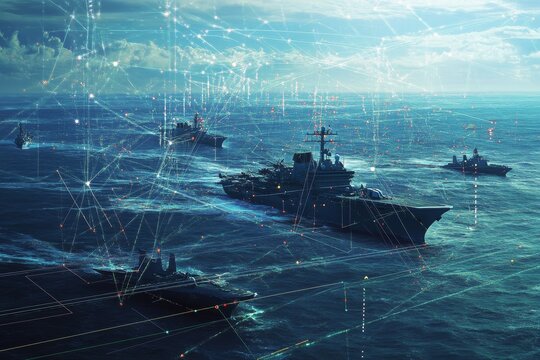 Exhibition of modern military assets  fighter jets, naval ships, satellites, and data connections - Powered by Adobe