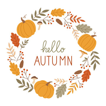 Autumn banner template with lettering and text. Decorative vector frame of cute autumnal elements, pumpkins, mushrooms, leaves, berries, plants. Hello fall concept.