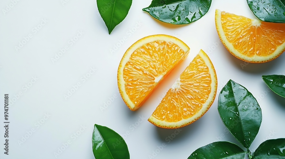 Poster orange fruit with segment and green leaves isolated on white background : generative ai