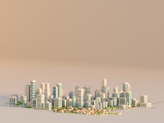 Clean, modern city skyline with ample negative space. Digital 3D render.