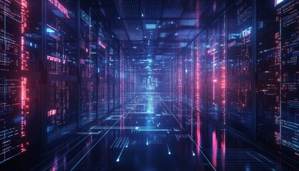 Futuristic data center showcasing digital information flow, focusing on technology and connectivity