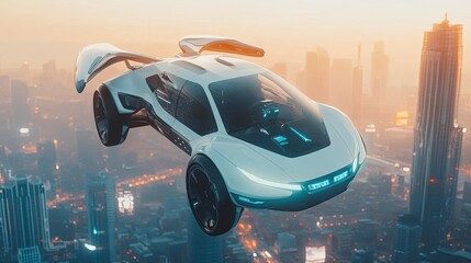 A futuristic flying car soaring above a city skyline during sunset, showcasing advanced technology and innovative design.