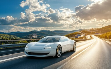 A sleek, futuristic car drives along a scenic highway surrounded by mountains and a dramatic sky.
