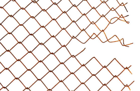 The texture of the metal mesh on a white background. Rusty Torn steel, metal mesh with holes