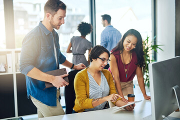 Business people, tablet and discussion in office for collaboration, research and brainstorming ideas. Digital agency, tech and meeting in workplace for teamwork, web design and mobile app development