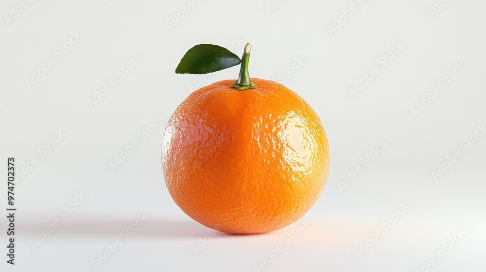 Poster A vibrant orange fruit with a green leaf on a clean, white background.