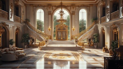 Fototapeta premium Luxurious interior of a grand palace showcasing elegant stairs, marble floors, and exquisite decor bathed in natural light.
