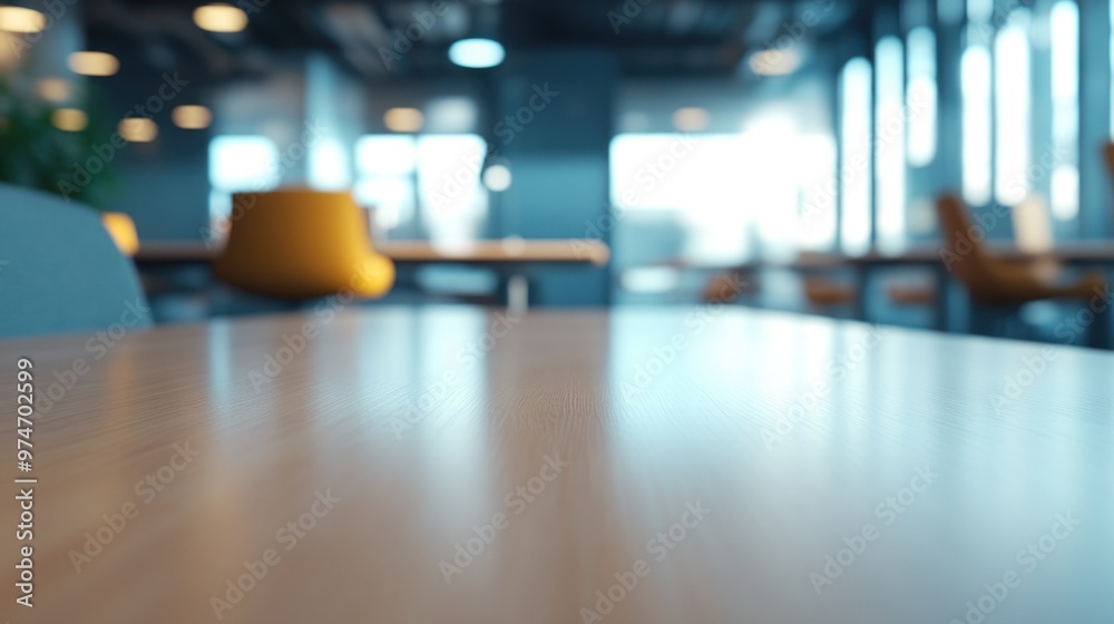 Sticker A blurred view of a modern office space with wooden tables and bright windows.