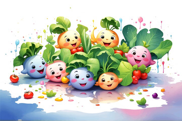 Naklejka premium Cute set of vegetables cartoon, isolated on white background, Vector Illustration Of Food Concept Design. watercolor style