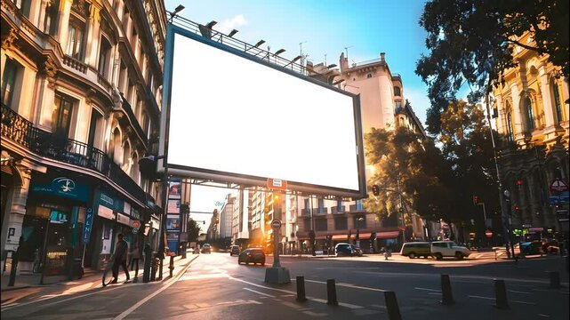 A large empty billboard stands in an urban street surrounded by sunlight, buildings, and passing cars creating a sense of openness and opportunity