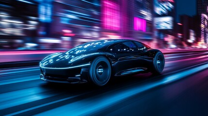 Naklejka premium A sleek, futuristic car speeds through a vibrant cityscape, illuminated by neon lights.