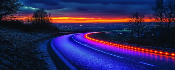 Fototapeta premium Glowing Road Markers Enhance Nighttime Driving Safety and Scenic Beauty