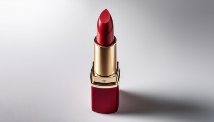 Luxurious Red Lipstick in Gold Tube Displayed on Minimalist White Background with Soft Lighting and Elegant Shadows, Capturing the Essence of Glamour and Timeless Beauty