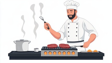 Chef Grilling Steaks and Preparing Burgers