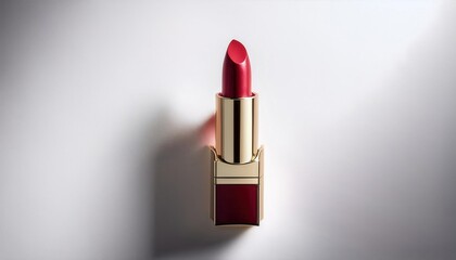 Luxurious Red Lipstick in Gold Tube Displayed on Minimalist White Background with Soft Lighting and Elegant Shadows, Capturing the Essence of Glamour and Timeless Beauty