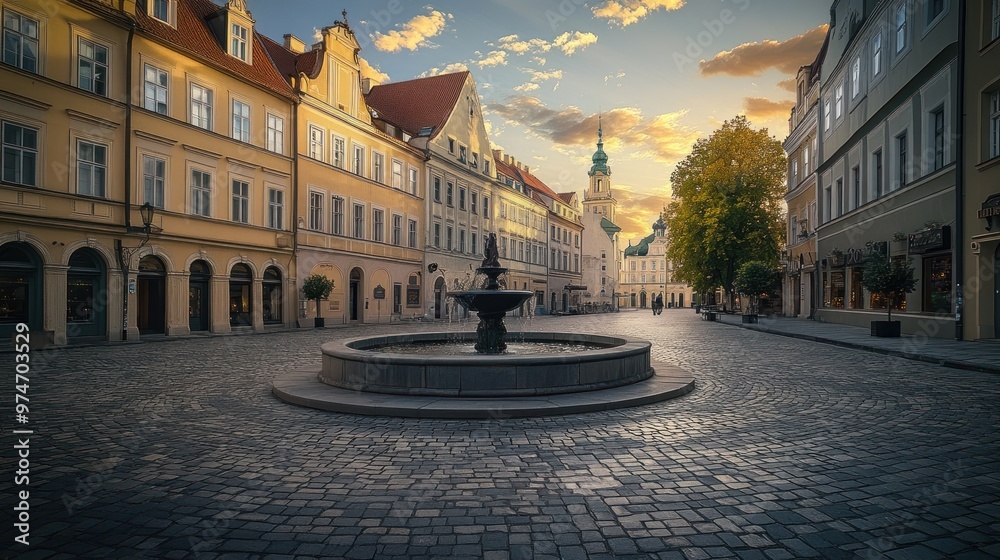 Wall mural A serene cobblestone square with a fountain, surrounded by historical buildings at sunset.