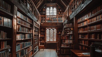 Obraz premium A cozy library with wooden shelves filled with books and a large arched window.