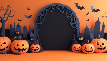 Festive Halloween decorations with carved pumpkins and bats at sunset