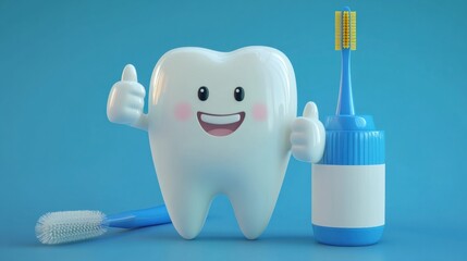 A 3D tooth character giving a thumbs up, next to a shining toothpaste tube and toothbrush