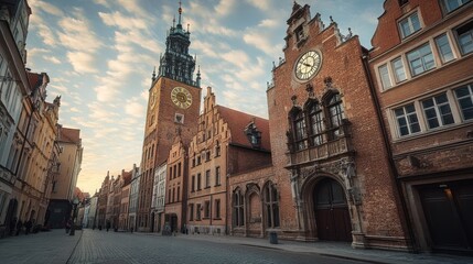 Fototapeta premium Historic street view featuring a clock tower and traditional buildings at sunset.