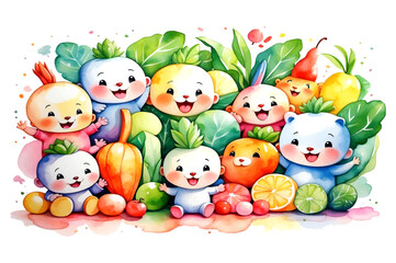 Fototapeta premium Cute set of vegetables cartoon, isolated on white background, Vector Illustration Of Food Concept Design. watercolor style