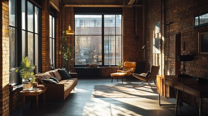 Obraz premium A cozy, modern living room with brick walls and large windows, inviting relaxation and comfort.