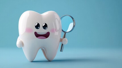 A 3D tooth character holding a magnifying glass, inspecting its own shiny surface