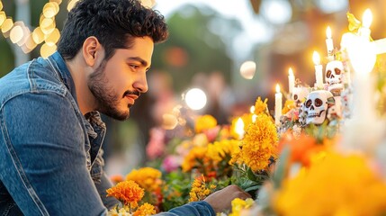 A thoughtful portrait of a person gazing contemplatively at a beautifully adorned Dia de los Muertos shrine, illuminated by soft lighting, creating a perfect backdrop for a heartfelt tribute.