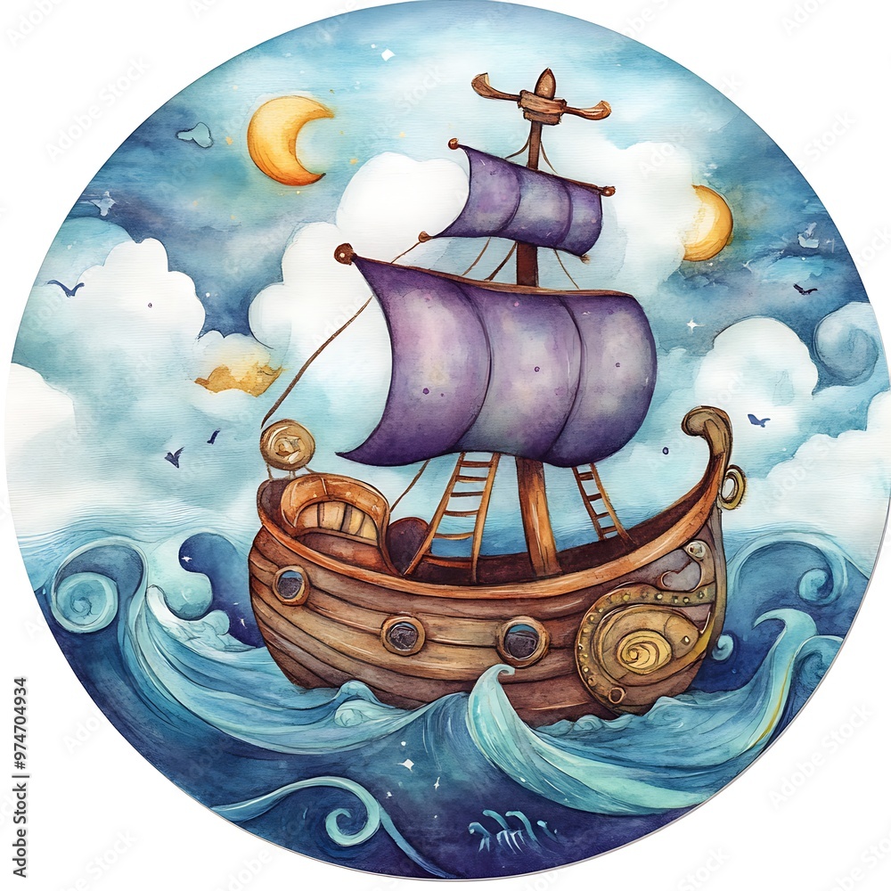 Wall mural Watercolor Illustration of a Ship Sailing Through the Night Sky.