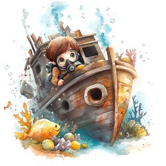 Cute Cartoon Girl in Diving Gear Looking Out From a Sunken Ship.