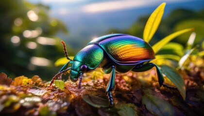 Fototapeta premium Macro Shot of a Vibrant Jewel Beetle with Iridescent Exoskeleton Perched on a Log in a Lush Forest, Showcasing a Spectrum of Green, Blue, and Orange Metallic Colors Against a Soft, Bokeh Background