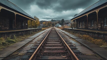 A deserted railway station under a moody sky, with tracks leading into the distance.