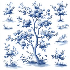 Serene Toile de Jouy Style Pattern Depicting Rural French Countryside Living