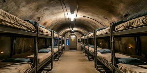 Bunk beds in a dimly lit underground bunker.